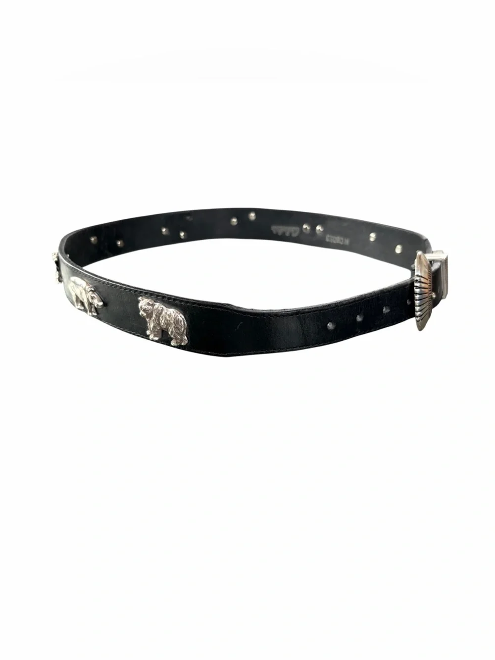 CABELA’S BLACK LEATHER BELT WITH SILVER ANIMAL CONCHOS – VINTAGE 1991 MEDIUM